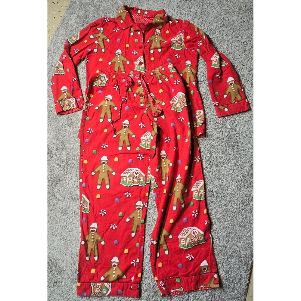 Nick & Nora Sock Monkey Holiday Gingerbread House Pajamas Set 100% Cotton Large